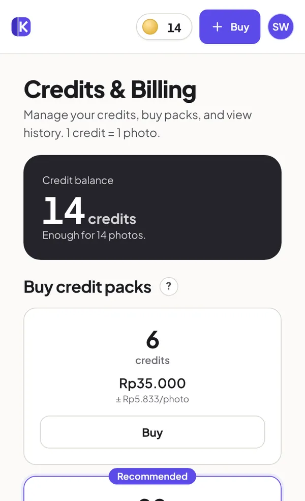 The Credits screen: a balance of 14 credits and packs of 6 and 20 credits with their prices