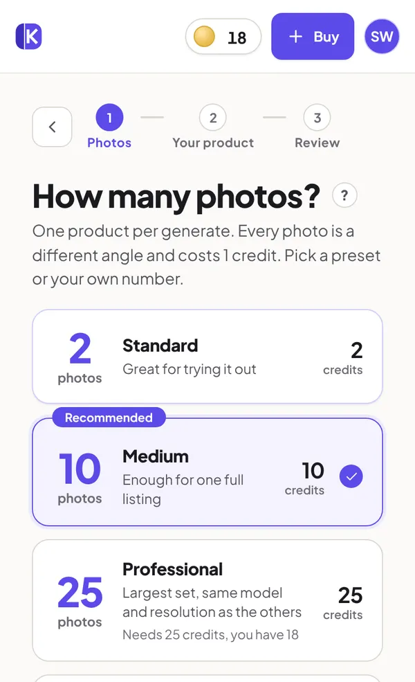 The photo count step with Standard, Medium, Professional and Custom options, each showing its credit cost