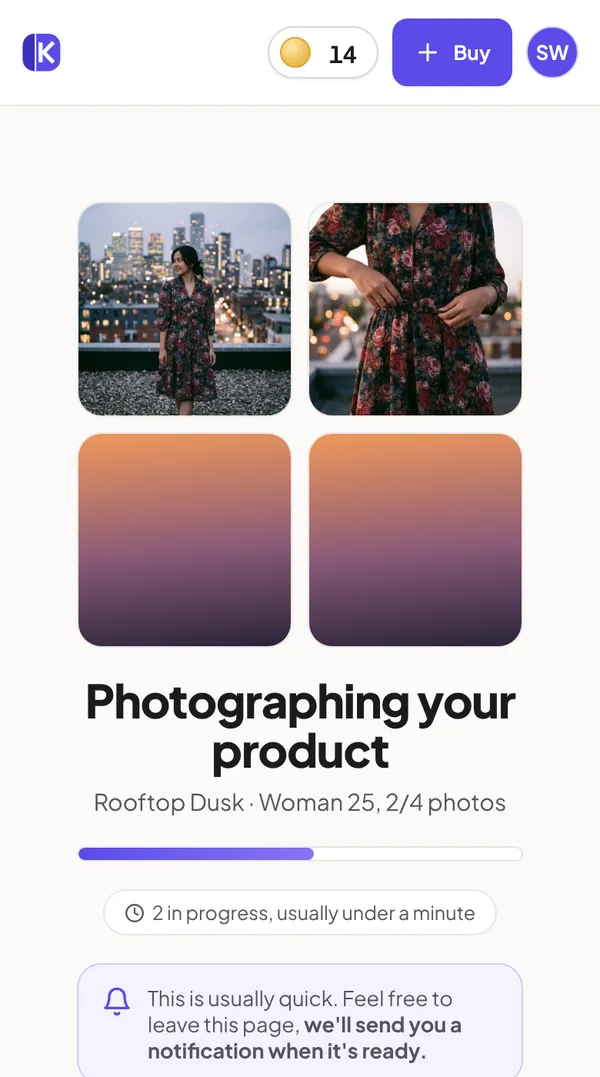 The progress screen: two of four photos finished, two still being made, with a note that you can leave the page