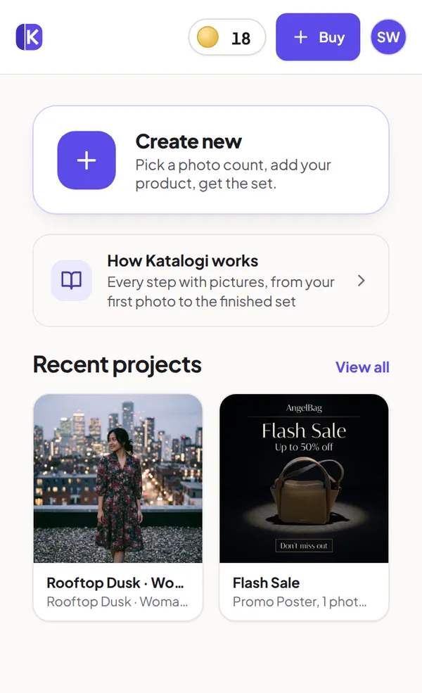 Katalogi’s Home screen: a Create new card, recent projects, and the tab bar with Home, Gallery, Create, Credits and Account