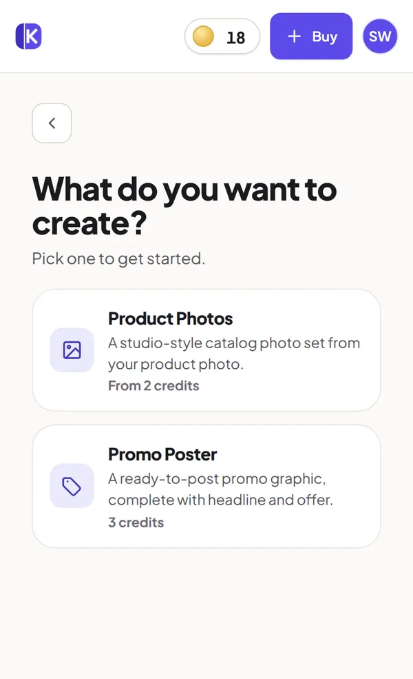The create screen asking what to make: Product Photos or Promo Poster