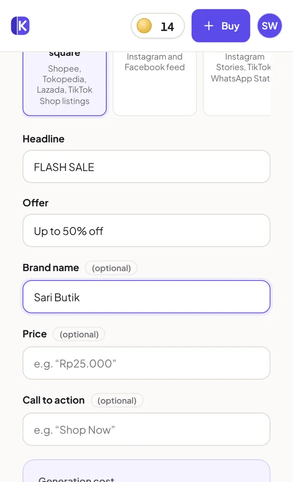 The poster copy fields: headline, offer and brand name filled in