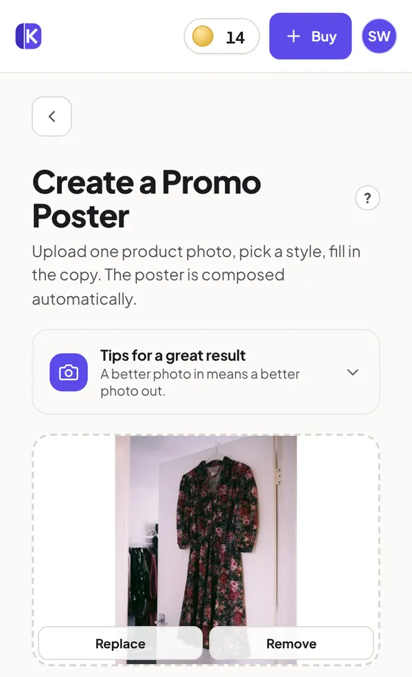 The promo poster form with a product photo uploaded and the first poster style selected