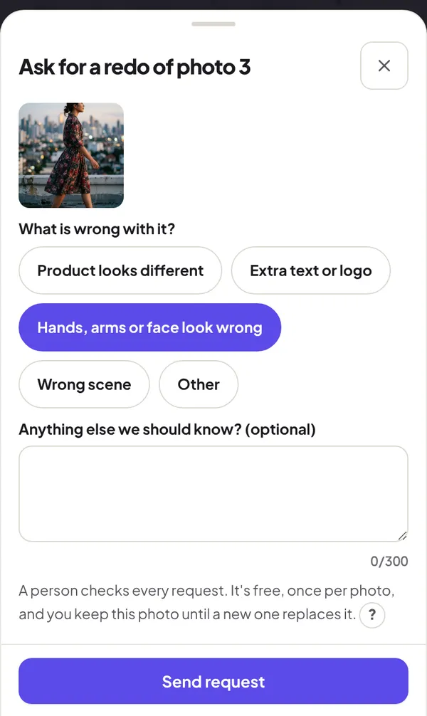 The redo request sheet with the reason Hands, arms or face look wrong selected