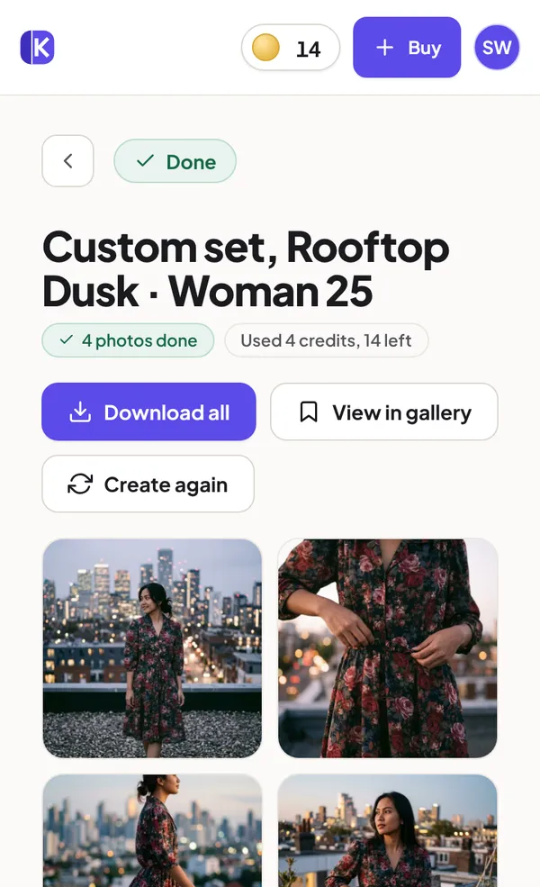 A finished set of four photos of the floral dress on a rooftop at dusk, with Download all and View in gallery buttons