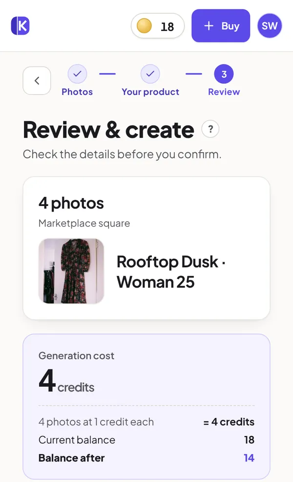 The review step: 4 photos cost 4 credits, balance 18 before and 14 after, and the agreement box ticked