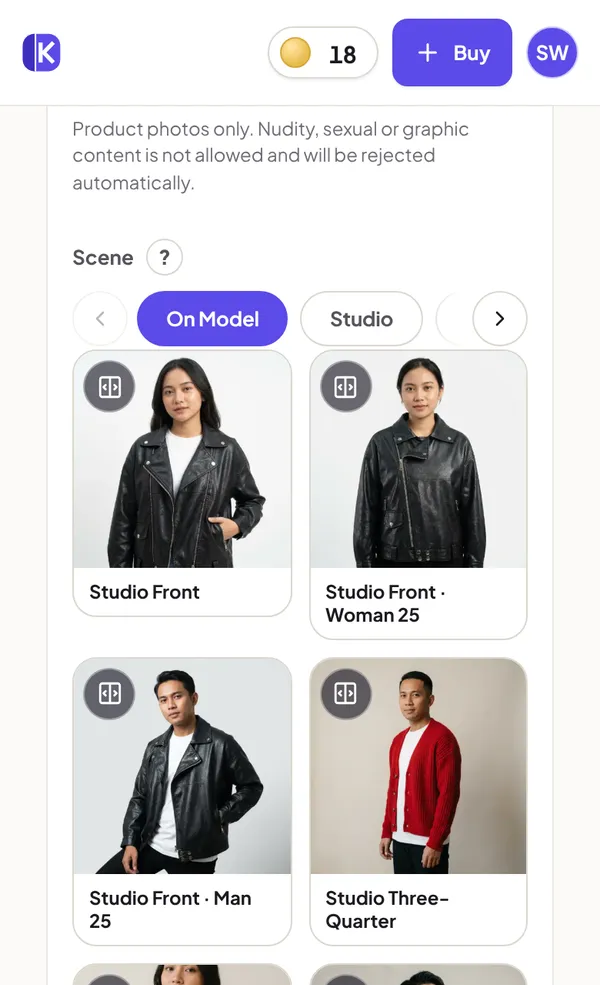 The scene picker: category chips (On Model, Studio, and more) above a grid of scene previews