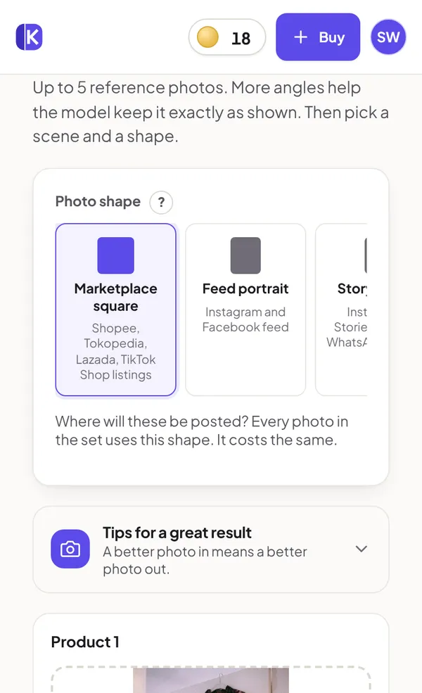 The photo shape picker with Marketplace square selected