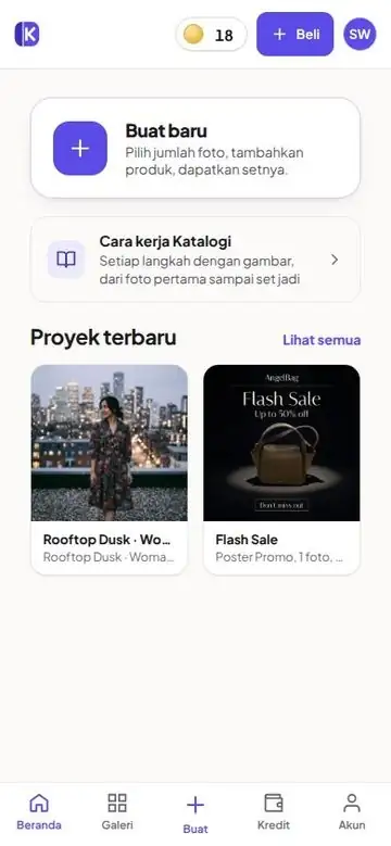 Rekaman layar membuat set 4 foto: memilih jumlah, mengunggah foto gaun, memilih latar Rooftop Dusk, memeriksa biaya, lalu mengetuk Buat sekarang