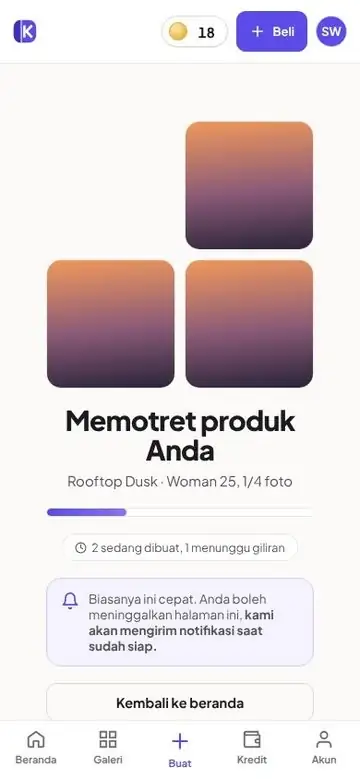 Rekaman layar foto muncul satu per satu, set yang sudah jadi terbuka, lalu permintaan buat ulang untuk foto 3