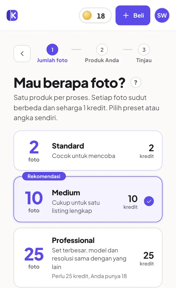 Langkah jumlah foto dengan pilihan Standard, Medium, Professional, dan Custom, masing-masing dengan biaya kreditnya