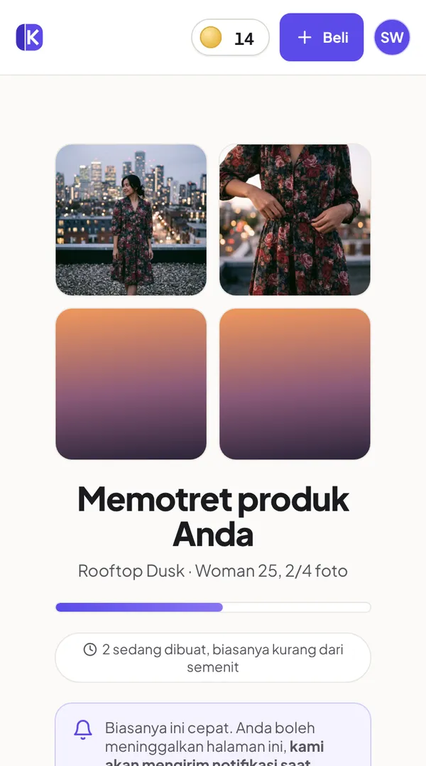 Layar progres: dua dari empat foto sudah jadi, dua masih dibuat, dengan catatan bahwa Anda boleh meninggalkan halaman