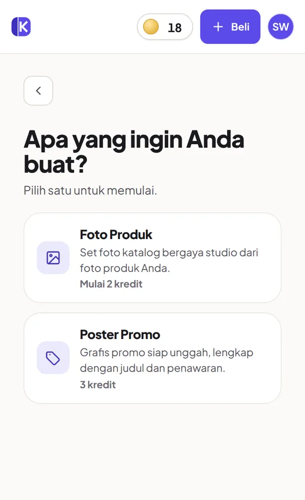 Layar buat yang menanyakan apa yang ingin dibuat: Foto Produk atau Poster Promo