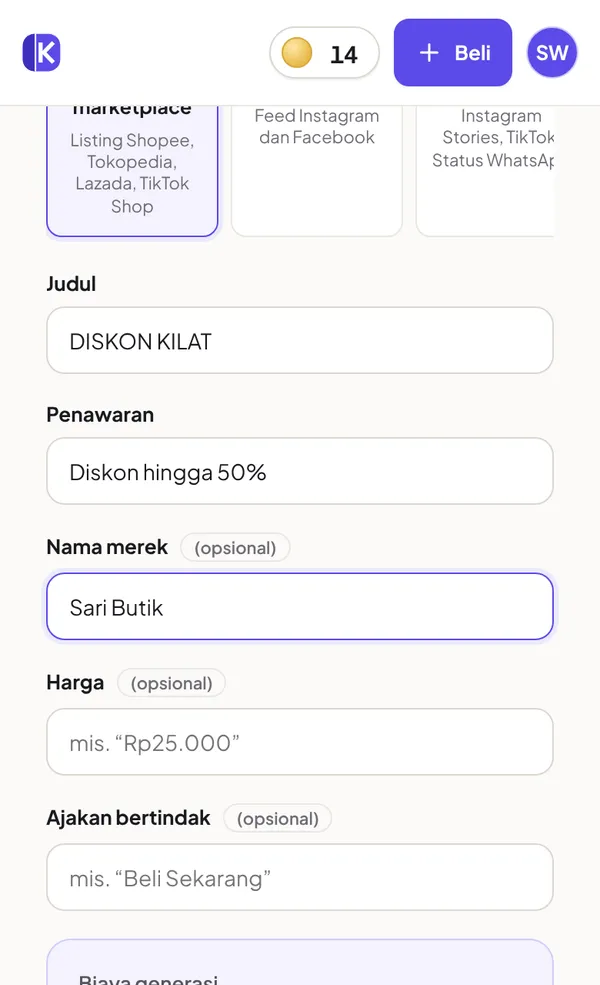 Kolom teks poster: judul, penawaran, dan nama merek sudah diisi