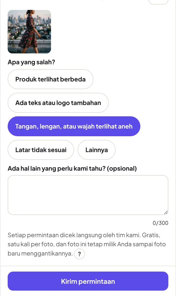 Lembar permintaan buat ulang dengan alasan tangan, lengan, atau wajah terlihat aneh terpilih