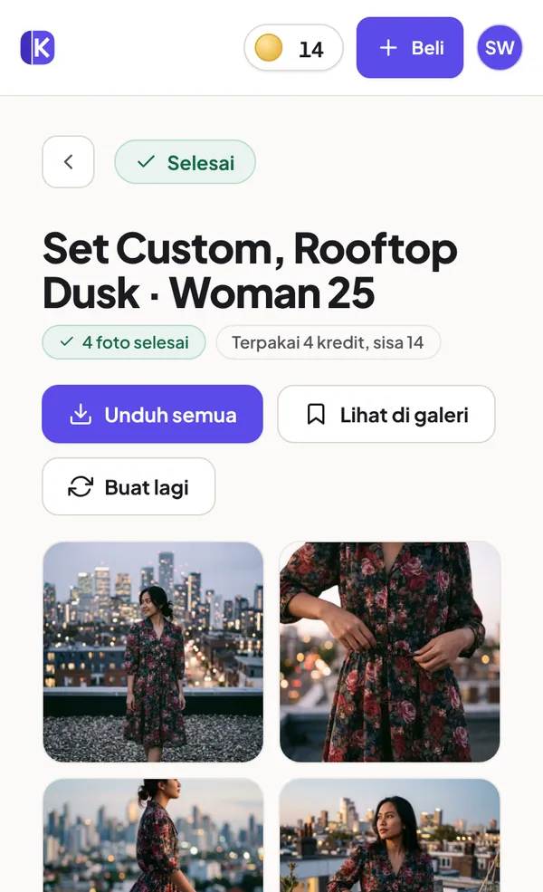 Set berisi empat foto gaun motif bunga di atap gedung saat senja, dengan tombol Unduh semua dan Lihat di galeri