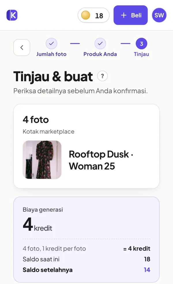 Langkah periksa: 4 foto seharga 4 kredit, saldo 18 sebelum dan 14 sesudah, dan kotak persetujuan dicentang