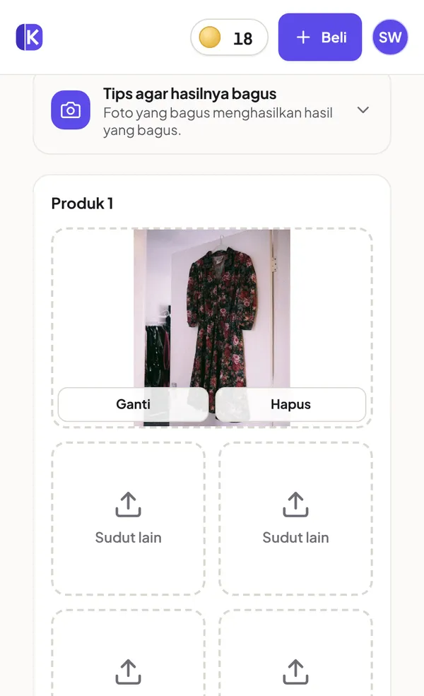 Foto HP sebuah gaun motif bunga di gantungan sebagai foto produk, dengan empat slot kosong untuk sudut lain