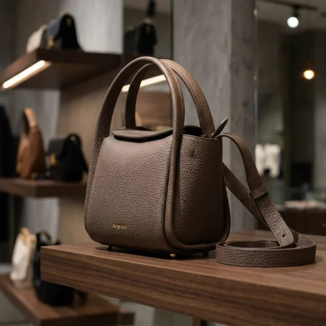 The handbag on a wooden boutique shelf